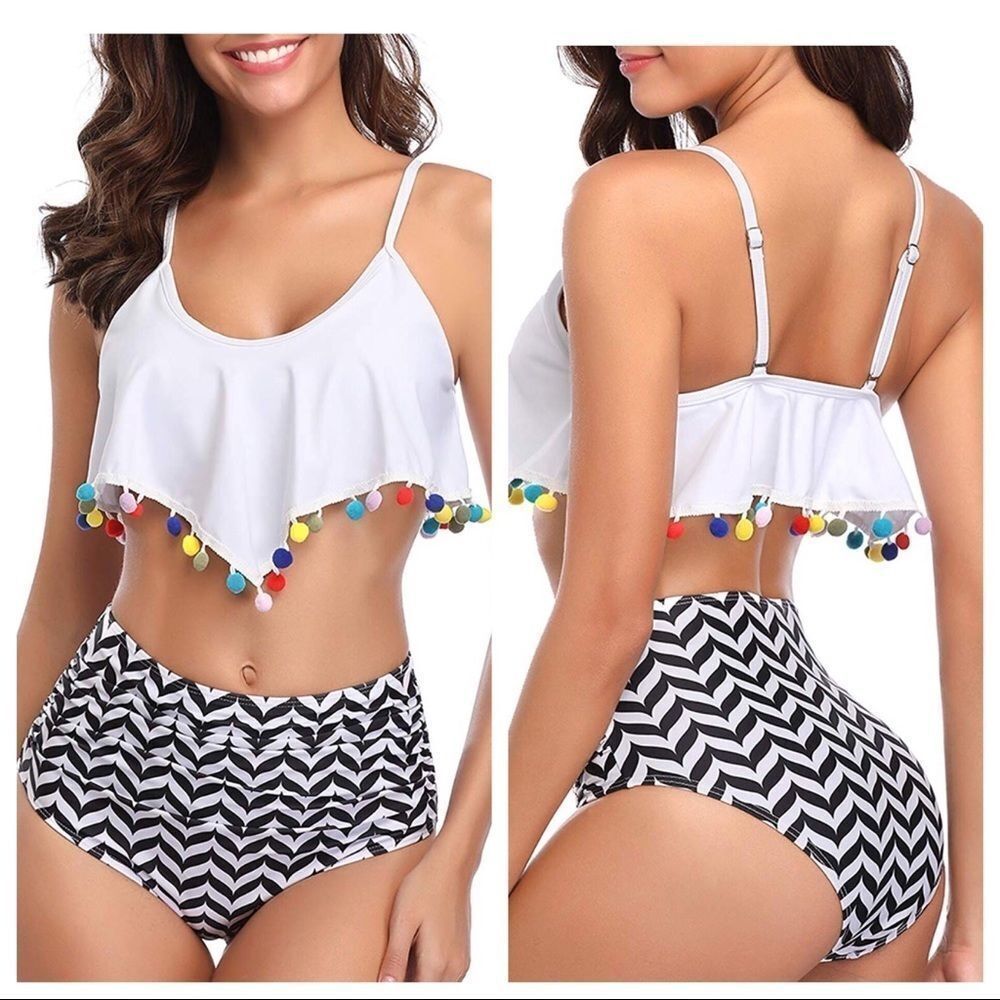 NWT High Waisted Bikini Pom Pom Flounce Top